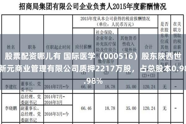 股票配资哪儿有 国际医学（000516）股东陕西世纪新元商业管理有限公司质押2217万股，占总股本0.98%